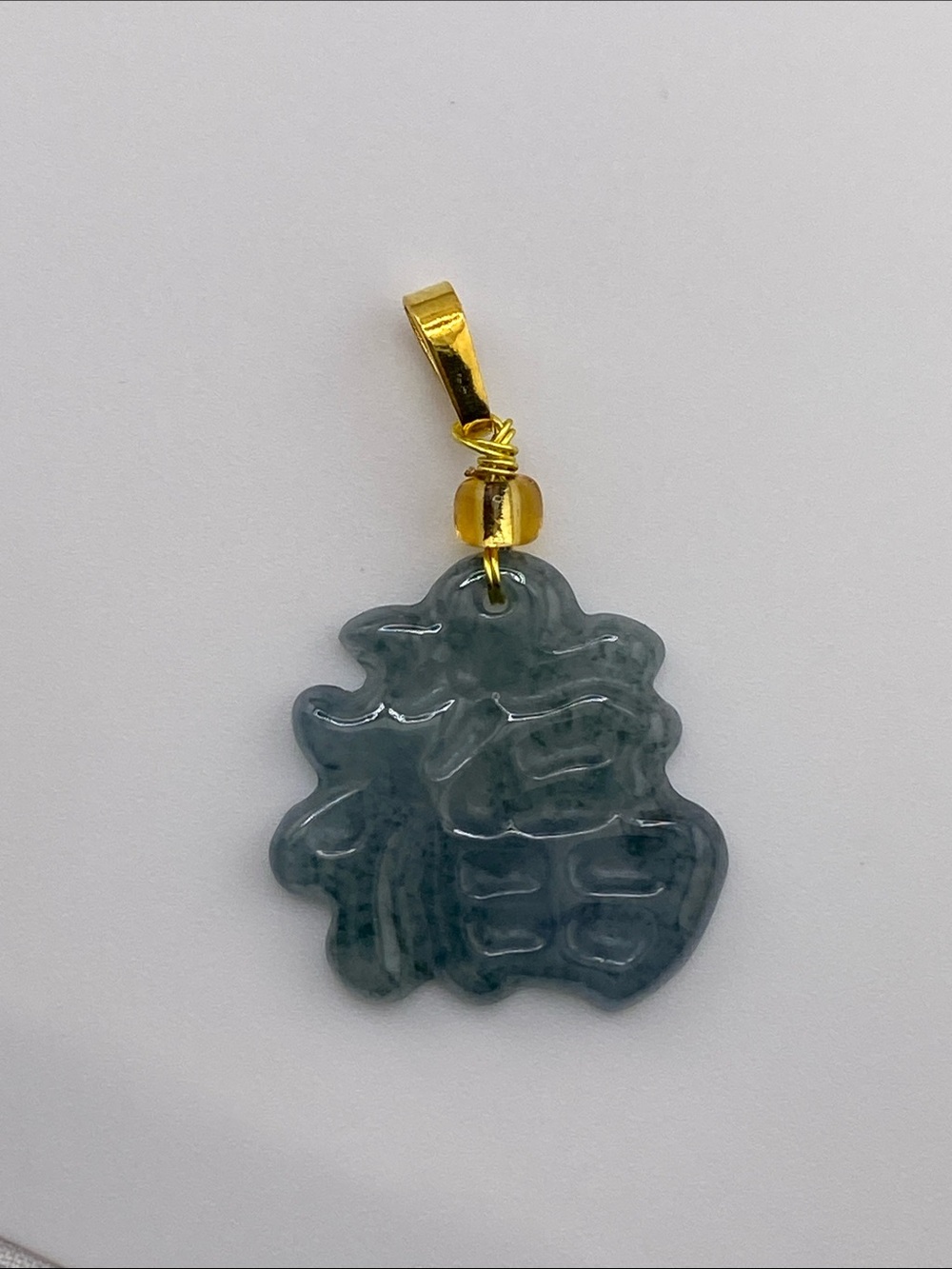Gray Jade-Inspired Carved Pendant with Gold Bail